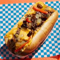 Philly Chicken Cheesesteak · Sliced chicken, melted cheese, grilled onions, roasted peppers, sauteed mushrooms, hoagie ro...