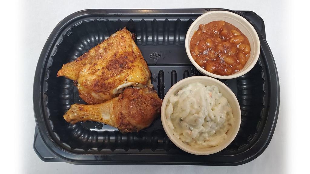 2 piece Baked Chicken Drum & Thigh Meal · Comes with 1 Drum, 1 Thigh and choice of 2 (4 oz.) sides.
