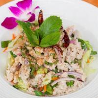 Chicken (Larb) Salad · Minced chicken breast with onions, mint leaves, cilantro roasted rice powder and spicy lime ...