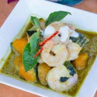 Pumpkin Curry · Choice of yellow (mild), red (medium) or green (spicy) curry sauce with kabocha squash and v...