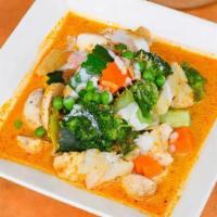Mixed Vegetable Curry · Mixed vegetables, mushrooms, baby corn and tofu cooked in yellow, red or green curry sauce.