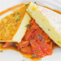 Grilled Polenta · With portobello mushrooms and diced tomatoes.