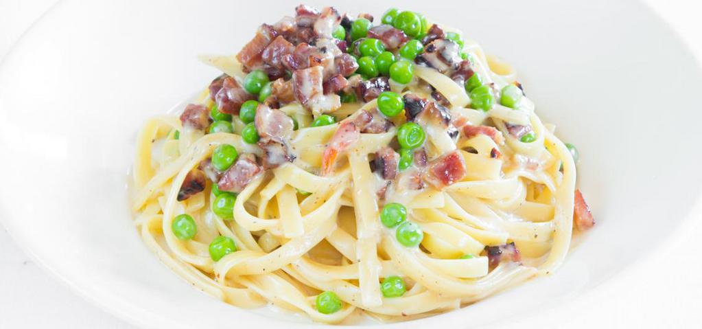 Fettuccine Carbonara · With pancetta, peas and a light Parmesan cheese-cream sauce.