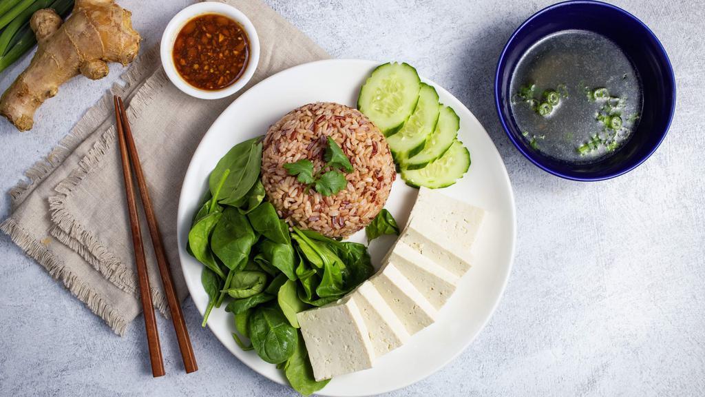 No Meat Bowl · Organic tofu served on brown rice and baby spinach