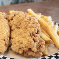 Cubs’ Chicken Strips 2 Pcs · Served with barbecue sauce or bacon ranch dressing and your choice of French fries or fresh ...