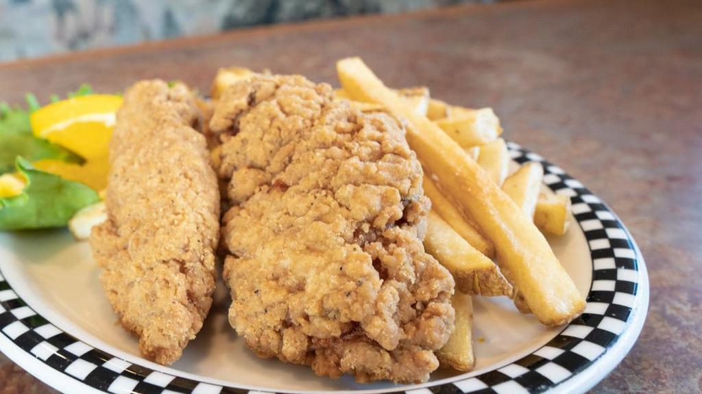 Cubs’ Chicken Strips 2 Pcs · Served with barbecue sauce or bacon ranch dressing and your choice of French fries or fresh fruit.