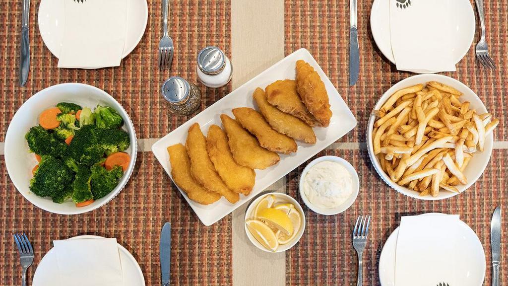 Fish & Chips Family Meal · 8 Cod fillets lightly battered and fried and served with housemade tartar sauce and your choice of 2 dinner sides.