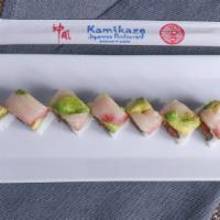 MamaSan Roll · Inside: spicy tuna & cucumber, topped with hamachi & avocado