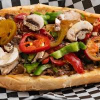 The Works · Cheesesteak, mushrooms, bell peppers.
