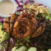 BBQ Ranch Chicken Salad (Beyond Chicken) · Gluten free. Organic lettuce tossed with vegan ranch dressing and topped with sliced avocado...