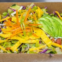 Santa Fe Salad · Gluten free. Organic lettuce tossed with cilantro lime dressing, piled high with organic bla...
