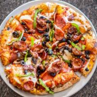 Chuck Wagon (Large) · Salami, pepperoni mushrooms, black olives green bell peppers, onions, linguica, sausage, bee...