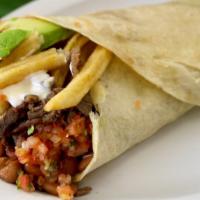 California Burrito · Choice of meat, rice, beans, cheese, french fries, sour cream, avocado, and pico de gallo.