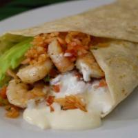 Shrimp Burrito · Rice, cheese, lettuce, sour cream, avocado and pico de gallo.