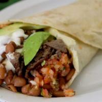 Super Veggie Burrito · Rice, beans, cheese, sour cream, lettuce, avocado and pico de gallo.