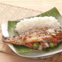 Grilled Tilapia · Grilled tilapia stuffed with our signature tomato and onion salsa. Served with steamed rice.