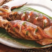 2 Pieces Grilled Whole Squid · 2 pieces of grilled squid stuffed with our signature tomato and onion salsa.