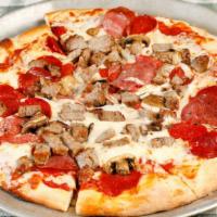 Stromboli (X-Large) · For four persons. Italian sausage, mushrooms, salami, and pepperoni, tomato sauce.