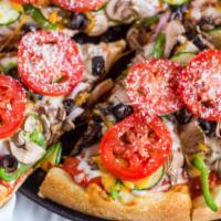 Small The Vegetarian · Red onions, bell peppers, black olives, zucchini, mushrooms, topped w/ romas tomatoes, parme...