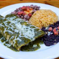 Enchiladas · Two cheese, choice of meat, wrapped corn tortillas, smothered in roasted tomatillo salsa. Se...