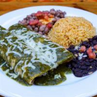 Spinach & Mushroom Enchiladas · Fresh Spinach and Mushroom and Monterey jack cheese, smothered in oven roasted tomatillo sal...