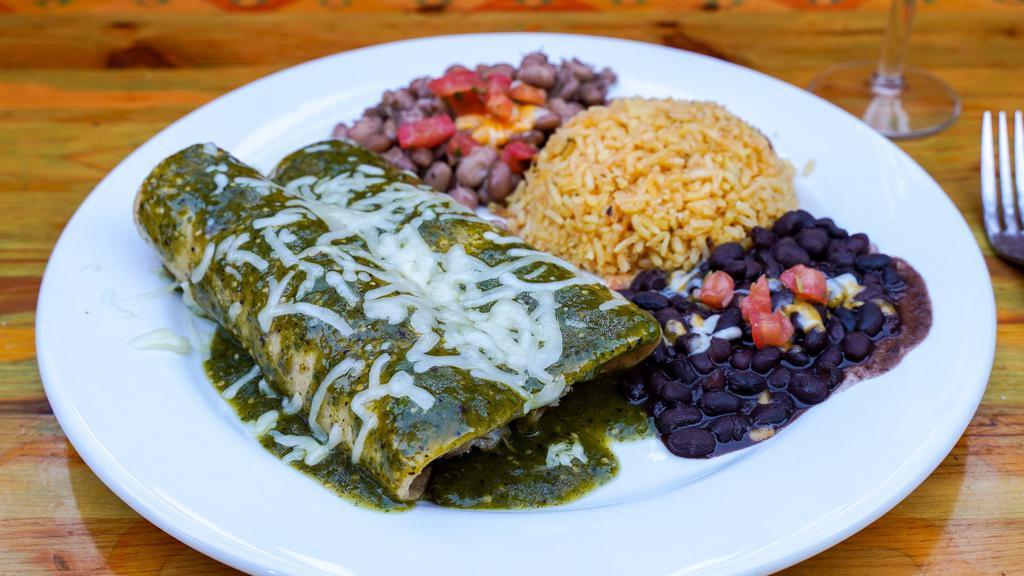 Spinach & Mushroom Enchiladas · Fresh Spinach and Mushroom and Monterey jack cheese, smothered in oven roasted tomatillo salsa. Served with rice and choice of black or pinto beans.