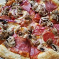 The Carnivore Pizza · The Carnivore has pepperoni, salami, sausage, onions, mushrooms with pomodora sauce.