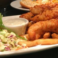 Rosie's Signature Fish & Chips · Four lager-battered and fried Alaskan cod served with spicy coleslaw, fries and a side of ta...