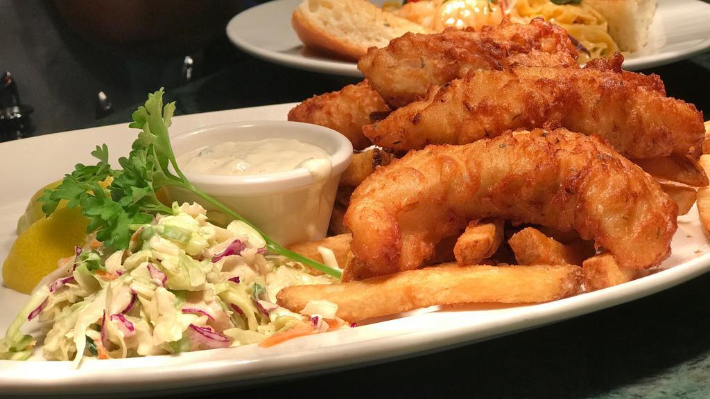 Rosie's Signature Fish & Chips · Four lager-battered and fried Alaskan cod served with spicy coleslaw, fries and a side of tartar sauce.