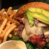 California Burger · All natural grass-fed beef, thick cut bacon avocado, jack cheese, mayo and served with fries...