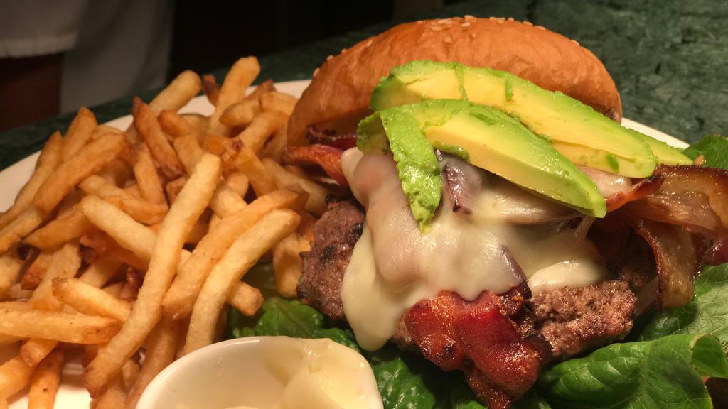 California Burger · All natural grass-fed beef, thick cut bacon avocado, jack cheese, mayo and served with fries or salad.