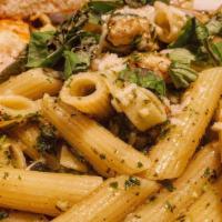 Pesto Chicken Pasta · All natural grilled chicken, fresh basil, tomato, garlic, and olive oil, tossed in a pesto s...