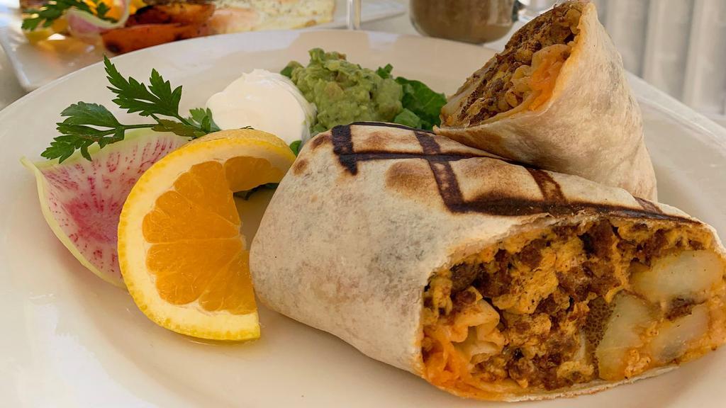 Breakfast Burrito (ONLY Friday:  12-3 pm I Saturday and Sunday : 10 am - 3 pm) · Your choice of protein, country potatoes, scrambled eggs, & jach & cheddar cheese, wrapped in a flour tortilla & served with a side of fresh salsa, sour cream & guacamole