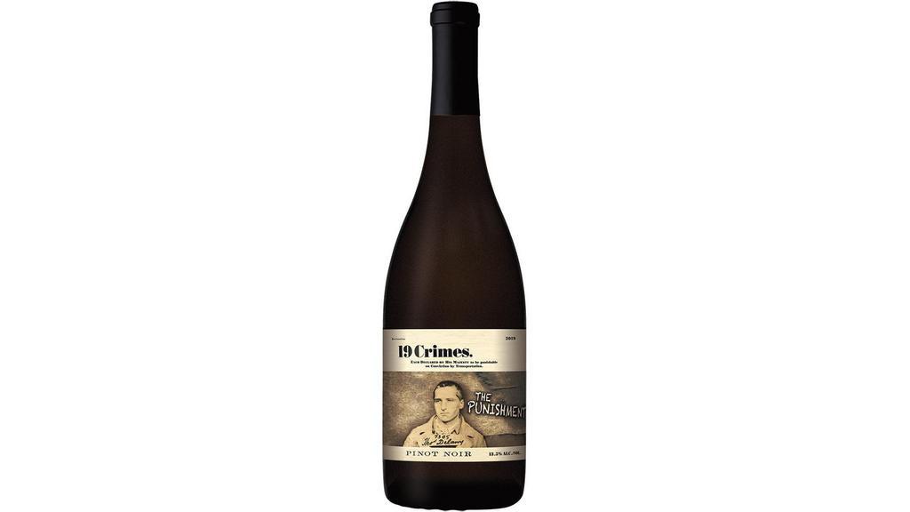 19 Crimes Pinot Noir The Punishment (750 Ml) · Medium bodied with soft, round tannins, cherry and strawberry fruit sweetness which complements the vanilla and spice oak undertones. All these elements combined create a well-balanced, enjoyable wine with a long finish.
