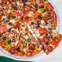 King Arthur's Supreme Pizza (Extra Large) · A Legendary Combination. Pepperoni, Italian sausage, salami, linguica, mushrooms, green pepp...