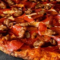 MontagueMeatMarvel-X-Large(16 Slices) · Italian sausage, pepperoni, salami, linguica on zesty red sauce. 280-350 cal.