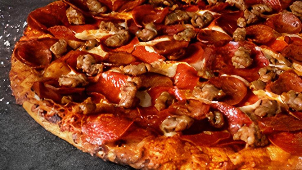 Montague'S All Meat Marvel® (Large, 12 Slices) · 260-340 cal/slice. Four Marvelous Meats, An Absolute Meat Fest! Italian sausage, pepperoni, salami, linguica on zesty red sauce.