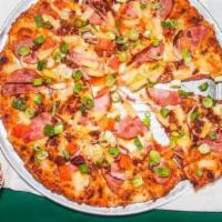 Maui Zaui with Ham Pizza (Medium) · The Original Polynesian Pizza. Ham, crisp bacon, juicy pineapple, tomatoes, red & green onio...