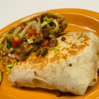 Super Burrito · Rice, beans, cheese with choice of meat, pico de gallo, sour cream, cheese, sauce ,lettuce a...