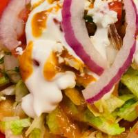 Vegetarian Sope · Thick tortilla topped with rice,beans, lettuce,pico de gallo,  sour cream and cheese