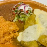 Plato enchiladas  · Choise cheese or chicken with rice and beans on the side