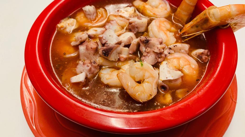 Caldo Mixto · Shrimp, crab, and octopus stew.