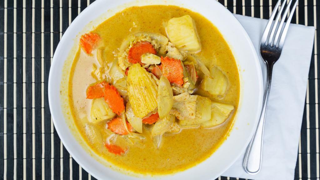 Yellow Curry · With a choice of chicken, pork, beef or tofu in yellow curry sauce with coconut milk, onions, carrot, bell pepper and potato.