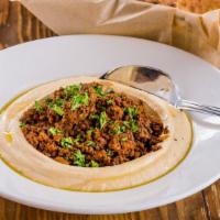 Hummus Moroccan Beef · Ground beef, Moroccan spice, pine nuts & tahini (gf)
