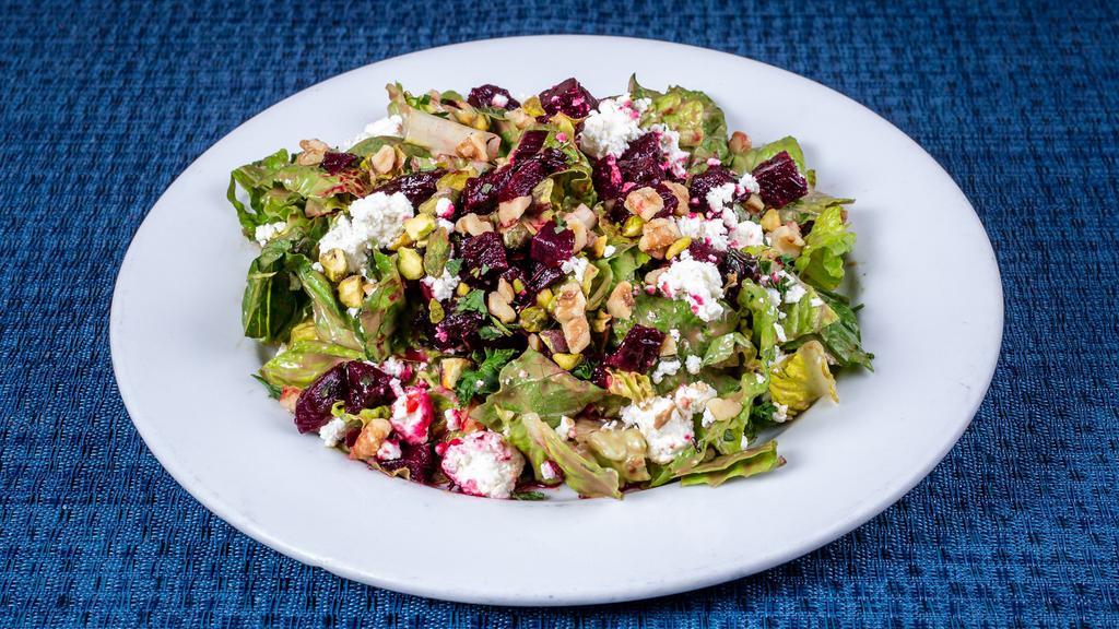 Beet & Goat Cheese Salad · Chopped romaine, steamed beets, goat cheese, and toasted walnuts, with tahini-balsamic dressing (gf)