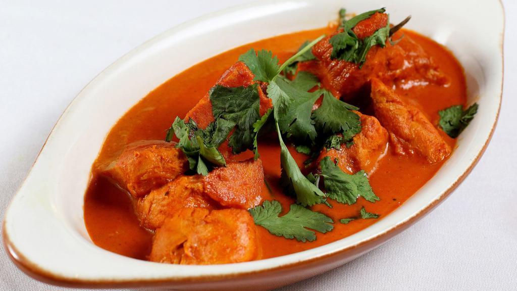 Chicken Tikka Masala · Barbecued boneless white meat chicken sautéed with herbs, spices and tomatoes.