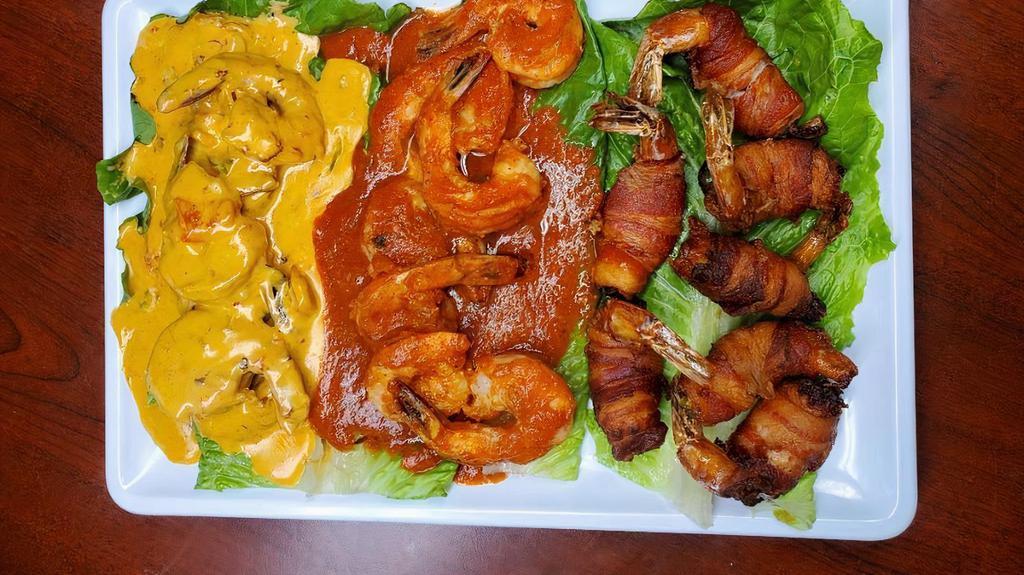 Trebol Costero · Three shrimp dishes in one, Diabla, Chipotle cream and bacon wraps, green or red rice and corn flour tortillas or request