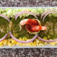 Aguachile · Raw tanned lemon Shrimp cooked mixed with red onion, cucumber, mango, spicy house red, black...