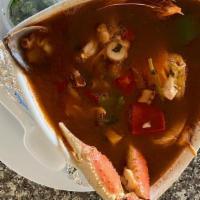 Caldo 7 Mares · Hot seafood soup, green mussels, octopus, head on shrimp, head less shrimp , tilapia fish fi...