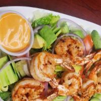 Shrimp salad · green mixed , cucumber, tomato, onions, lettuce, avocado, chipotle dressing sauce, add cooke...